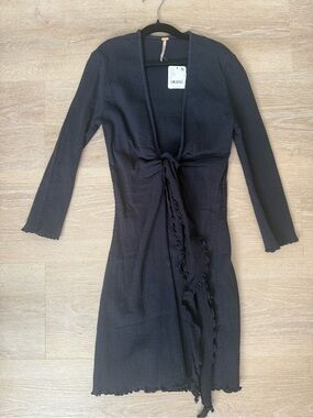 Free people Navy Tie-Front Ribbed Dress
